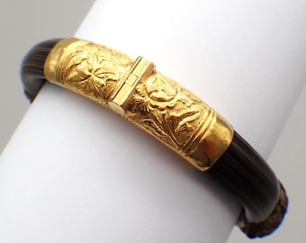 Brazalete de bambú tallado chino con bisagras de oro de 24 quilates