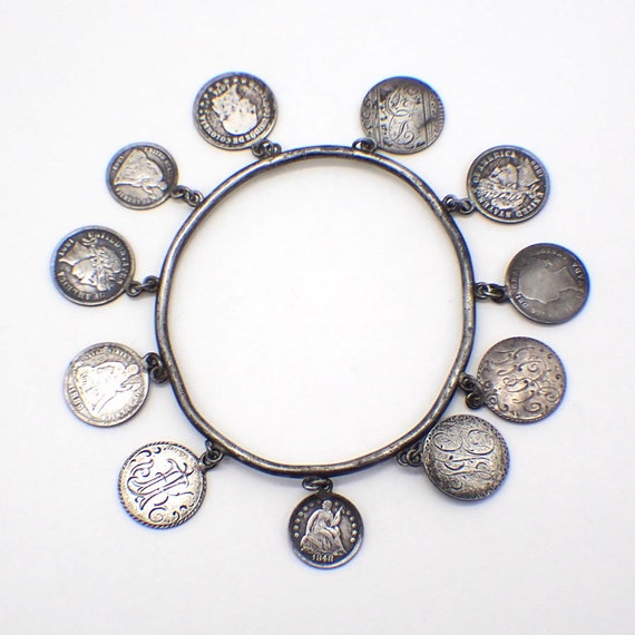 Antique Coin Love Token Bangle Bracelet Sterling … - image 2