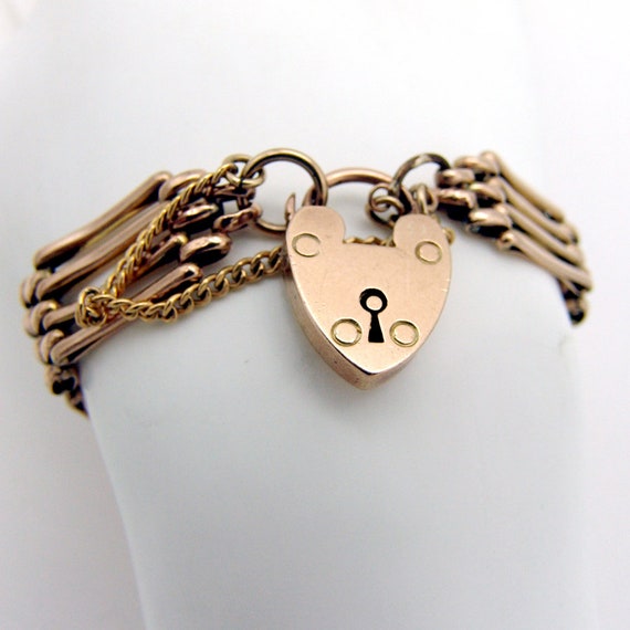 Wide Chain Bracelet Heart Padlock Clasp 9 K Yello… - image 1