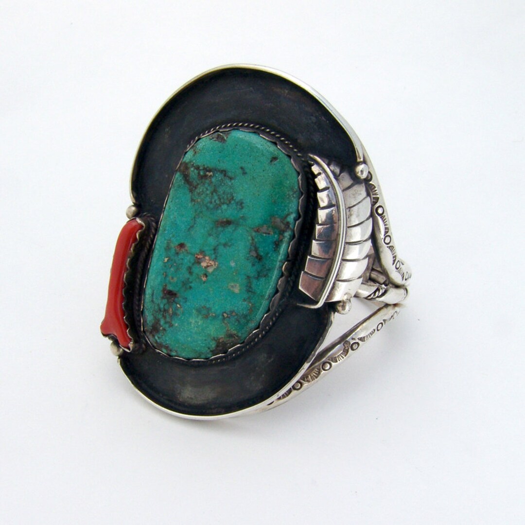 Navajo Large Turquoise Cuff Bracelet Coral Sterling Silver - Etsy