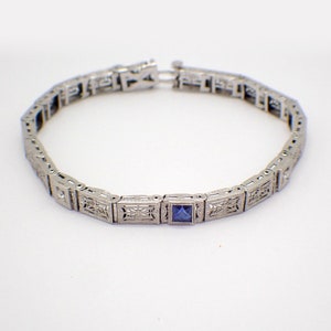 Art Deco Filigree Line Bracelet Sapphire Diamonds 14K White Gold