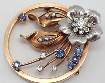 Retro Round Flower Brooch Diamonds Sapphires 14K White and Yellow Gold