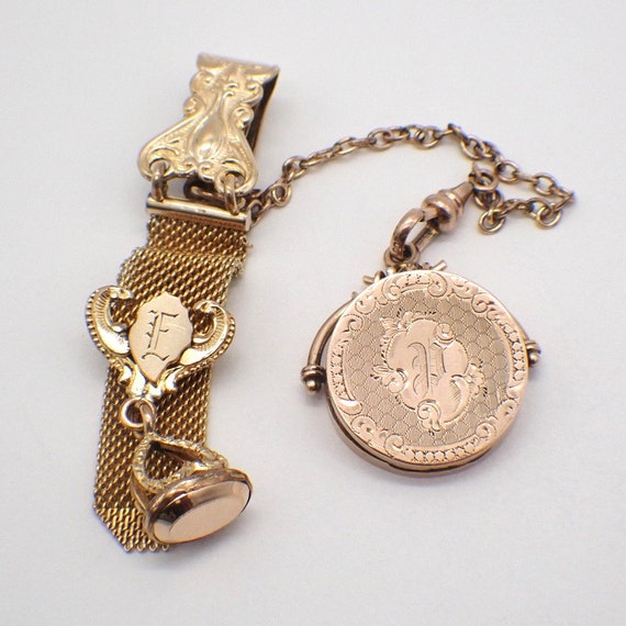 Pocket Watch Fob Mesh Chain Seal Stamp Locket Gol… - image 1