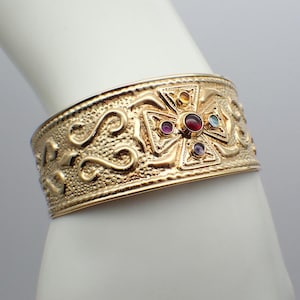 Cuff Bracelet 14K Gold Gemstone Cross Etruscan Byzantine Design Italy