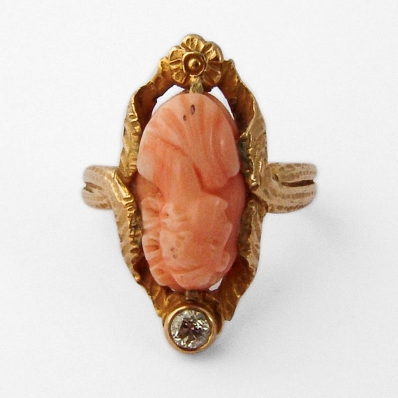 Natural Pink Coral Cameo Ring 10K Rose Gold Diamo… - image 2