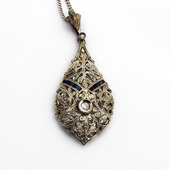 Art Deco Diamond Sapphire Pendant Chain Necklace … - image 2