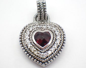 Judith Ripka Garnet Heart Pendant Sterling Silver CZ