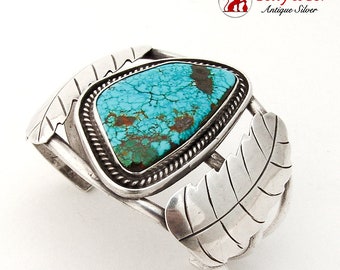 Large Cuff Bracelet Turquoise Sterling Silver Leaf Navajo