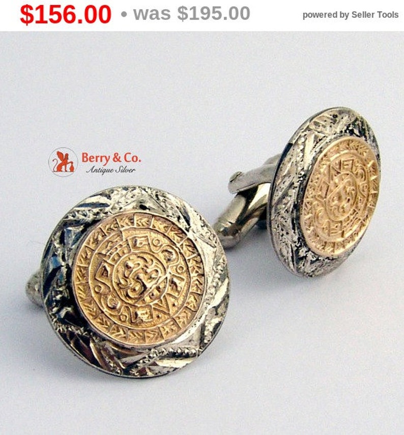 Vintage Aztec Cufflinks Sterling Silver 10 K Gold sALe SaLe