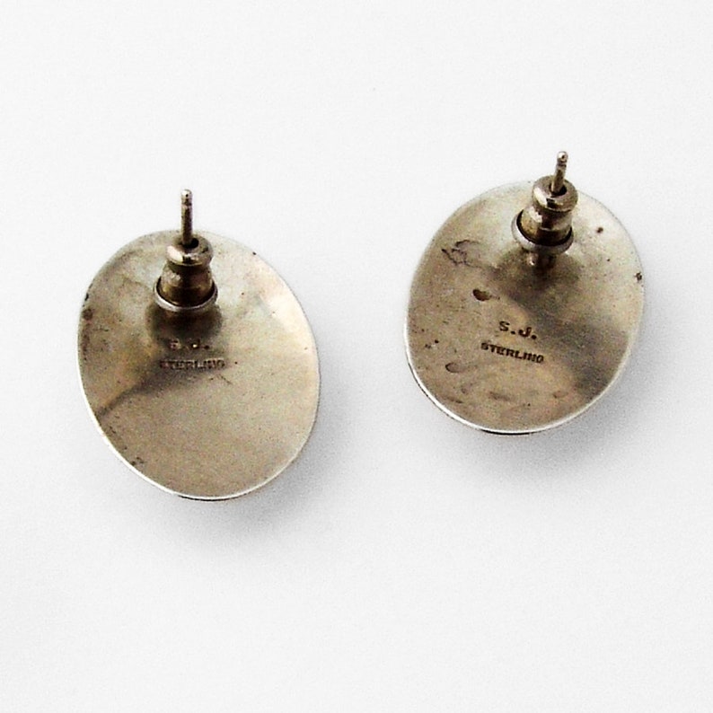 Zuni Oval Earrings Onyx Inlay Sterling Silver Signed