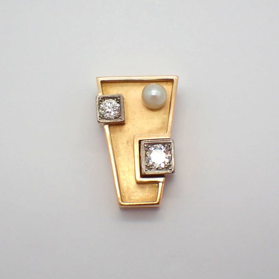 Modernist Geometric Pendant 14K Gold Diamonds Pea… - image 1