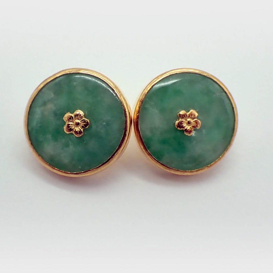 Green Jade Buttons Pair Chinese 24K Yellow Gold - Etsy