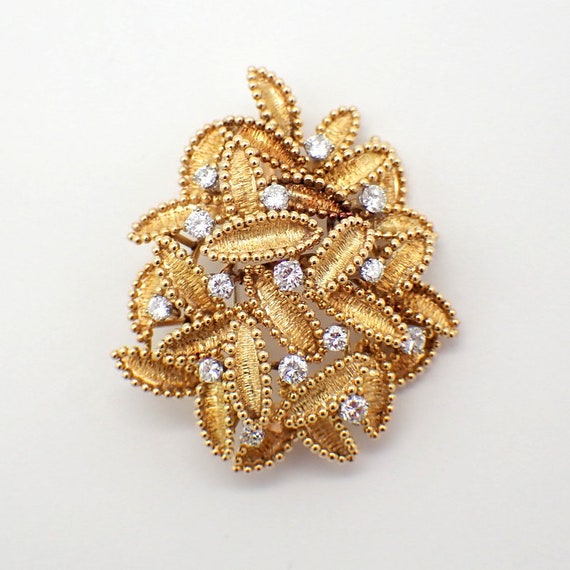 Diamond Pendant Brooch Leaf Designs 18K Yellow Gol