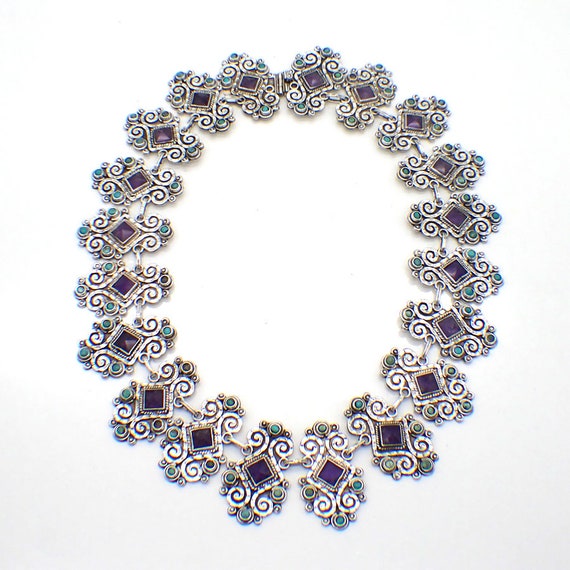 Ornate Necklace Amethyst and Turquoise Decorations Sterling Silver Mexico