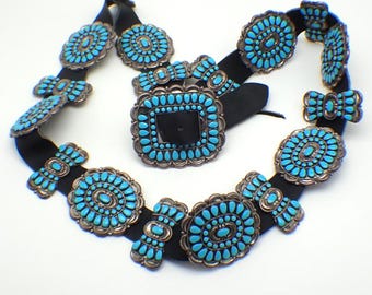 Navajo Turquoise Cluster Concho Belt Sterling Silver Victor Moses Begay 1960s