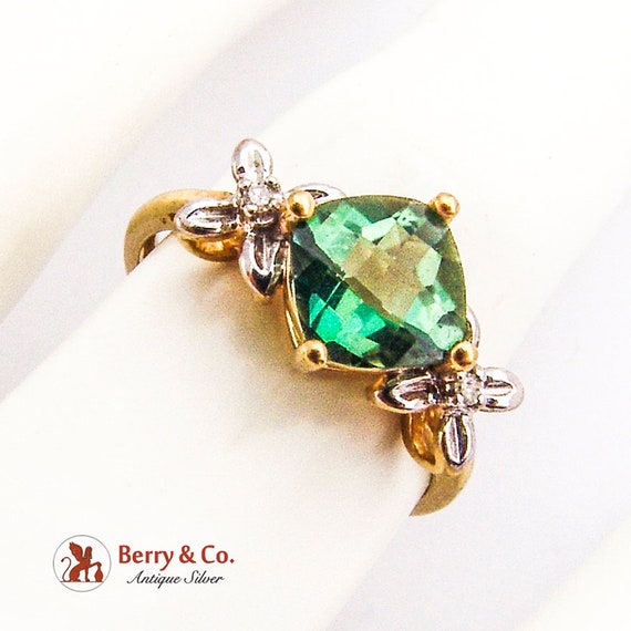 Green Tourmaline Ring Floral Diamond Accents 10 K Gold Etsy