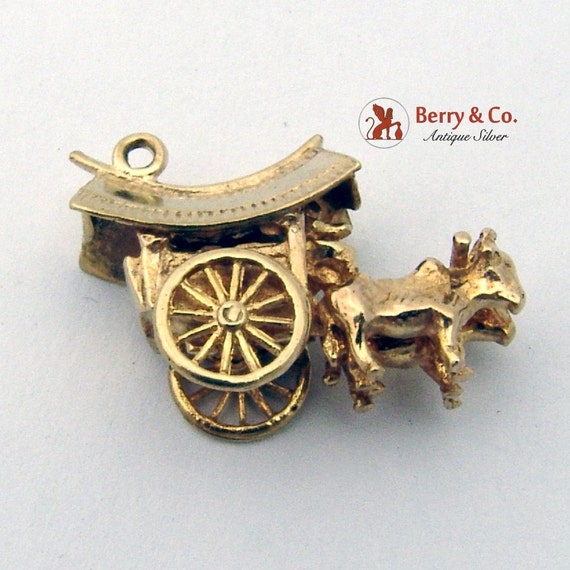 Vintage English Ox Cart Charm 9K Gold 1940 - image 3