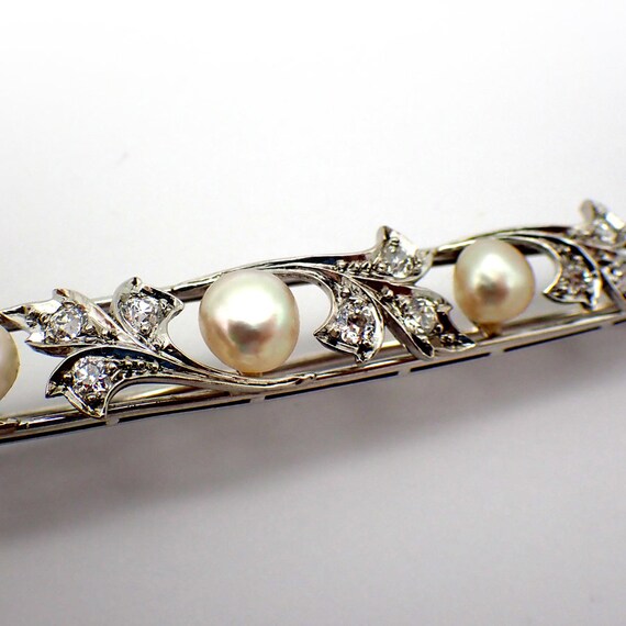 Edwardian Floral Bar Brooch Diamonds Pearls 18K W… - image 2