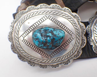 Navajo Concho Belt Sterling Silver Turquoise Leather Freddie