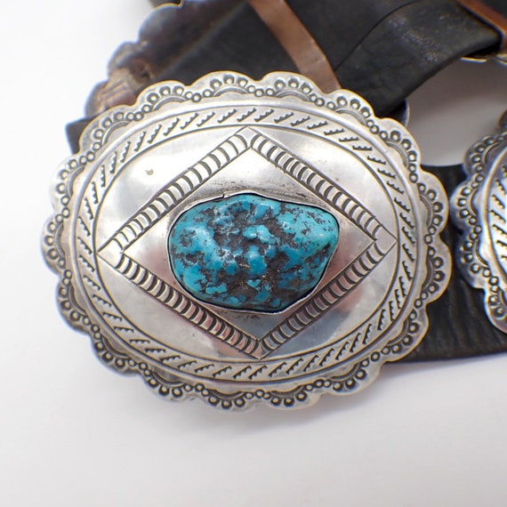 Navajo Concho Belt Sterling Silver Turquoise Leather Freddie