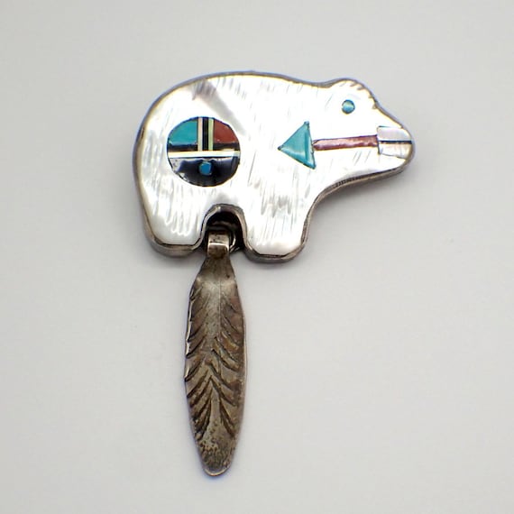 Zuni Bear Brooch Pendant MOP Gem Inlay Sterling S… - image 2