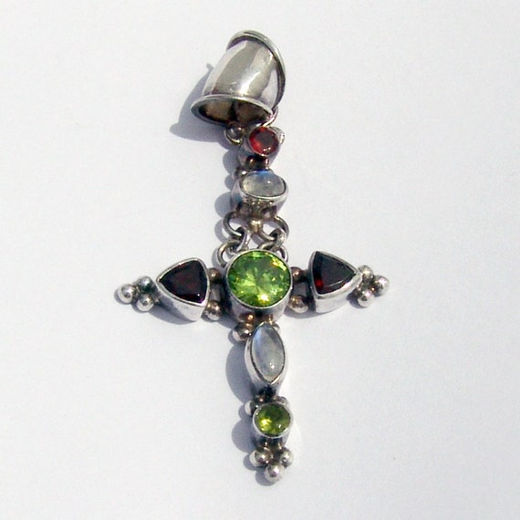 Multi Gemstone Cross Pendant Sterling Silver