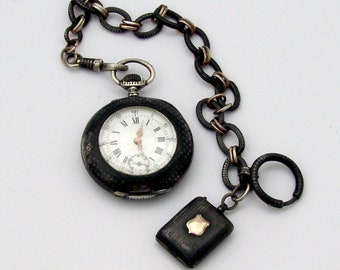 Niello Enamel Swiss Pocket Watch 800 Silver 1890 Locket Charm