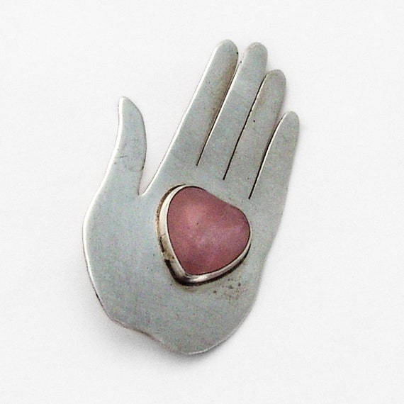 Hand Form Brooch Rose Quartz Heart Sterling Silver