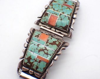 Extremos de reloj Navajo con incrustaciones de turquesa y piedras preciosas en plata de ley estilo Charlie Bowie