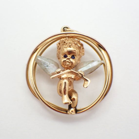 Ruser Cherub Pendant Charm 14K Yellow Gold Sapphire Eyes Pearl