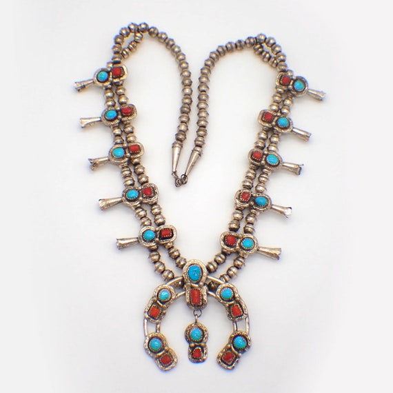 Authentic Native American Navajo Turquoise Coral Sterling Silver Squash Blossom Necklace Authentic Native American Navajo Turquoise Coral Sterling Silver Squash Blossom Necklace