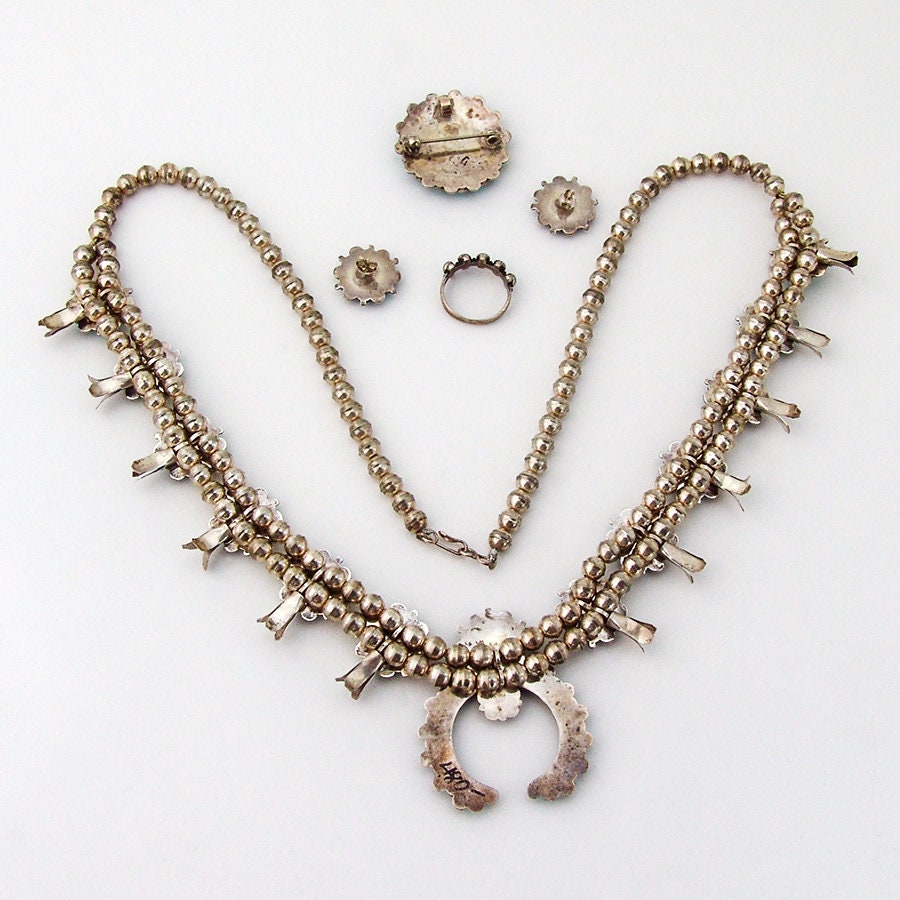 Navajo Squash Blossom Necklace Jewelry Set Sterling Silver 1980s