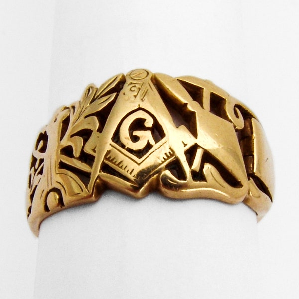 Openwork Masonic Ring 14K Yellow Gold Dated