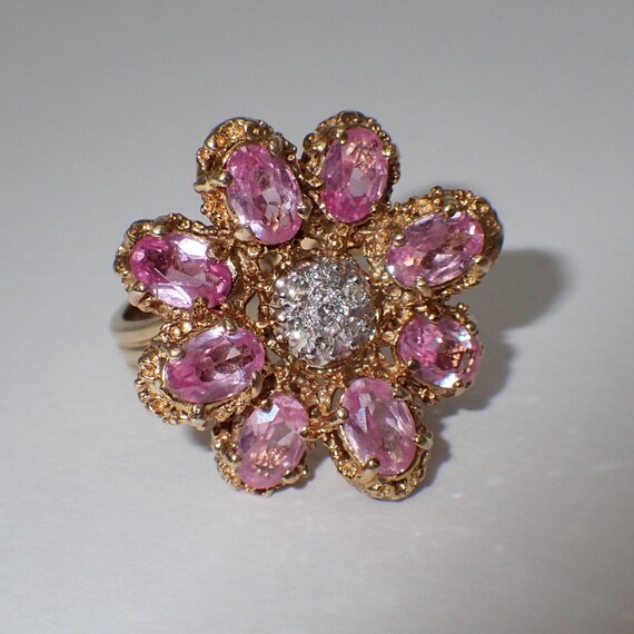 Pink Sapphire Diamond Cocktail Ring 14K Yellow Go… - image 4