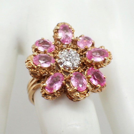 Pink Sapphire Diamond Cocktail Ring 14K Yellow Go… - image 1