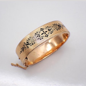 Victorian Hinged Cuff Bracelet 14K Gold Black Enamel