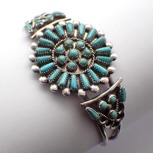 Zuni Needlepoint Turquoise Cuff Bracelet Sterling Silver