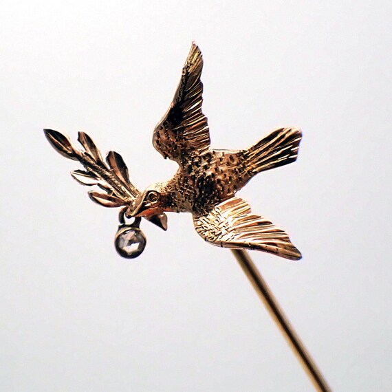 Dove With Olive Branch Stick Pin Diamond 14K Yell… - image 2