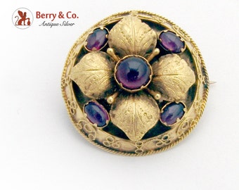 Antique Ornate Brooch Amethyst Cabochons 14K Yellow Gold 1870