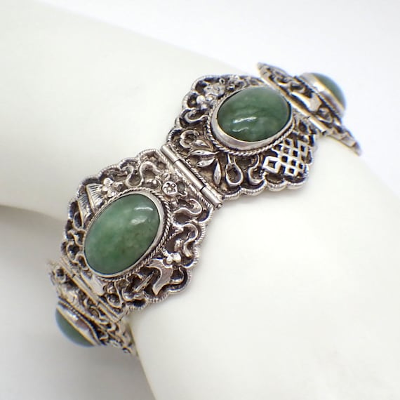 Antique Chinese Jade Panel Bracelet Sterling Silv… - image 1
