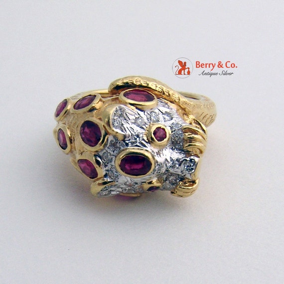 SaLe! sALe! 18K Gold Leopard Ring Rubies Diamonds… - image 4