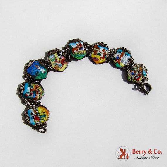 German Enamel Fairytale Link Bracelet Sterling Sil