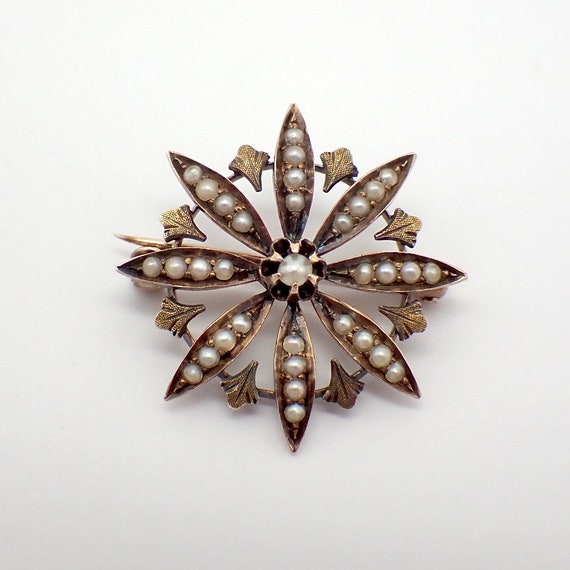 Antique Starburst Brooch 10K Rose Gold Seed Pearls