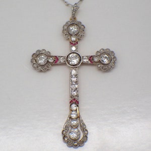 Antique Diamond Cross Pendant Necklace Platinum Topped Gold image 1