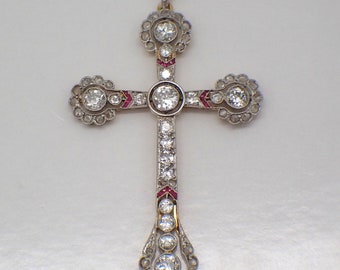 Antique Diamond Cross Pendant Necklace Platinum Topped Gold