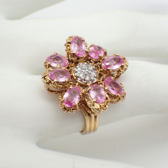 Pink Sapphire Diamond Cocktail Ring 14K Yellow Go… - image 2