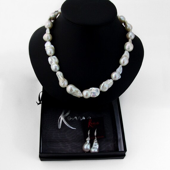 Masami Baroque Pearl Necklace Crystal Drop Earrings Set Sterling