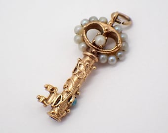 Ornate Key Charm Pendant Seed Pearls 14K Yellow Gold