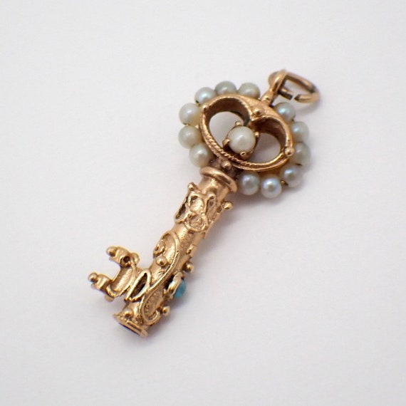 Ornate Key Charm Pendant Seed Pearls 14K Yellow Go