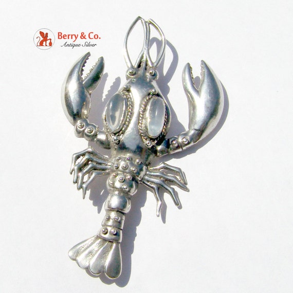 Vintage Lobster Brooch Sterling Silver Moonstones - image 3